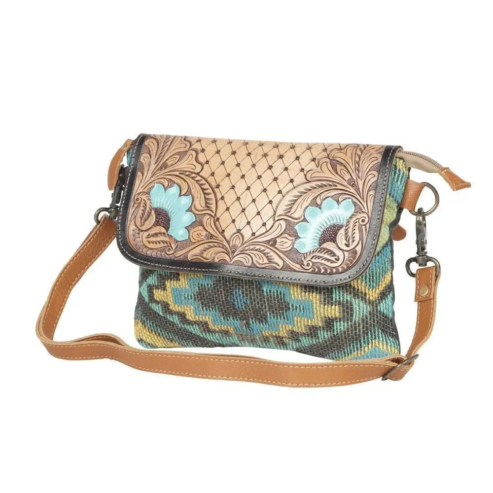 Myra Bag Handmade Meraki Hand Tooled Bag Upcycled Canvas & Cowhide Leather